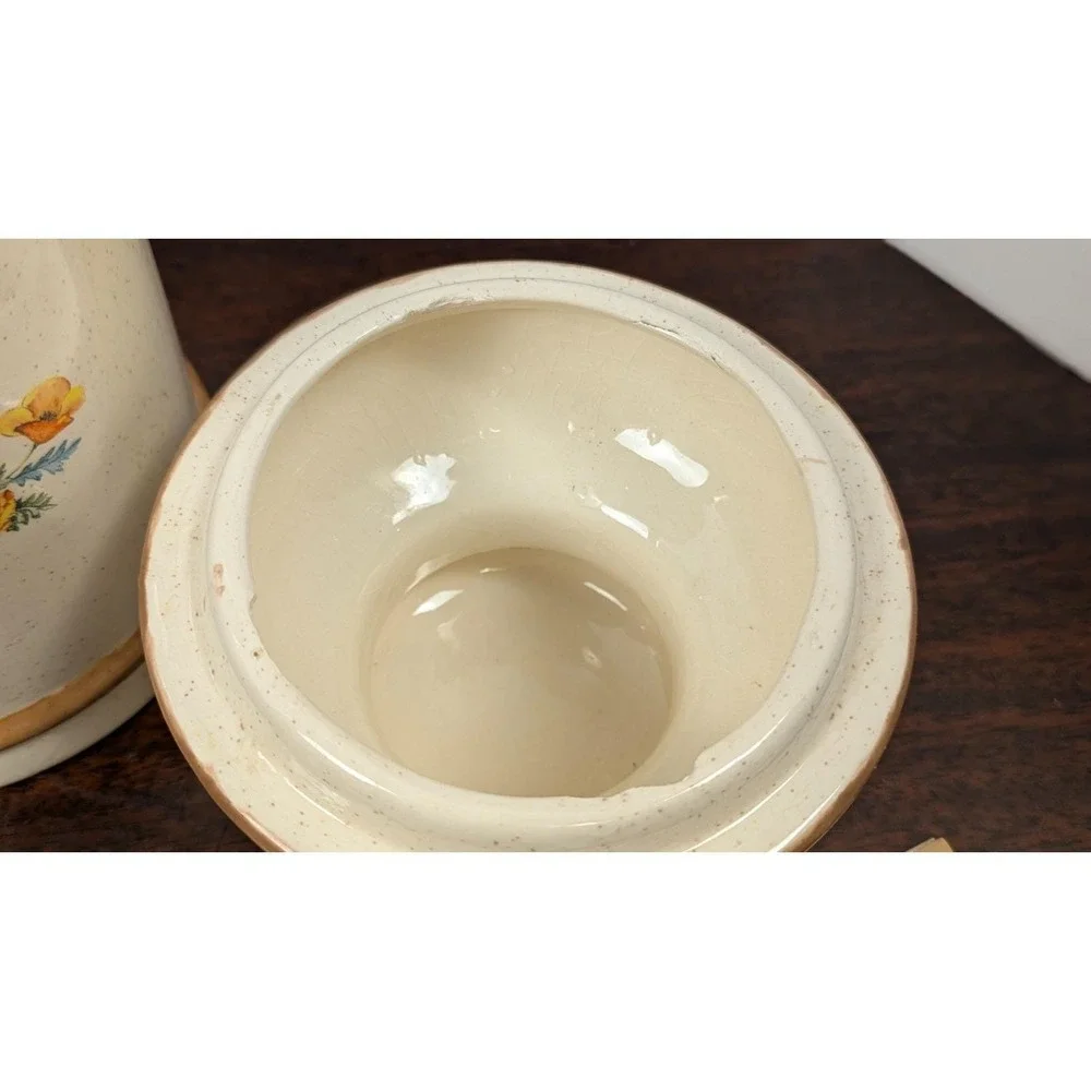Vintage Ceramic Floral Canister Poppy Decal Speckled Glaze